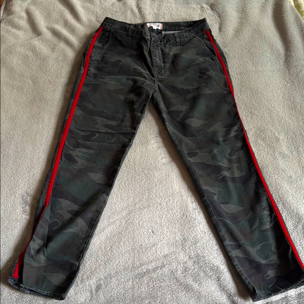 Sundry camouflage pants with red tuxedo stripe!